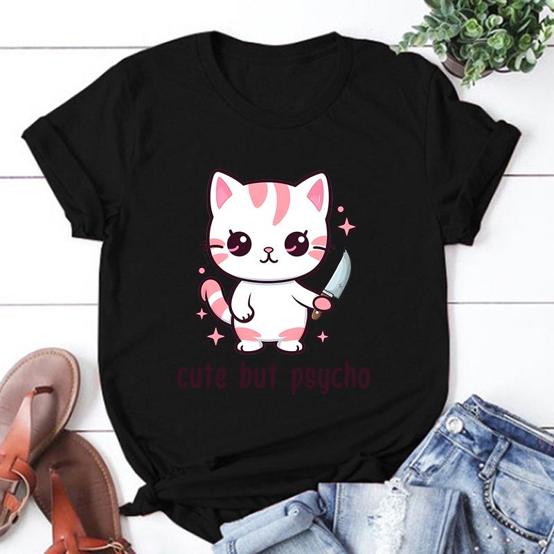 Mode Unisex T-Shirt Katze Niedlich Aber Psycho Aufdruck Designt Sommer Tops Tees Damen Lässige Oberteile Shirt
