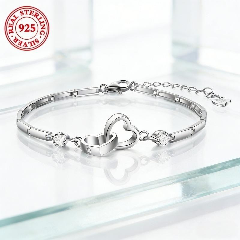 925Sterling Silver Double Heart Bracelet Set with Artificial Gemstones, Elegant and Fashionable Women's Jewelry, Valentine's Day and Mother's Day