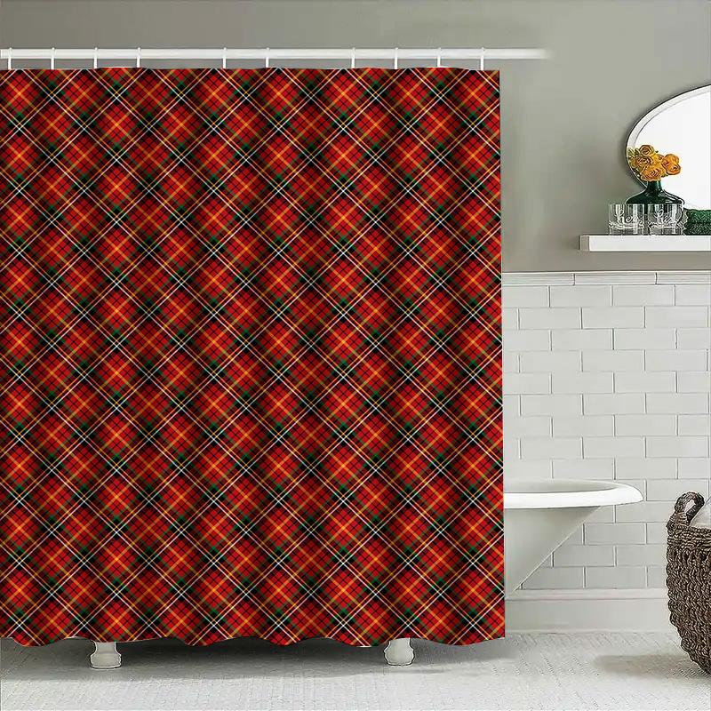 Red Plaid Shower Curtain Waterproof Bathroom Decor Customizable Size Home Decoration Red Pattern Shower Curtains