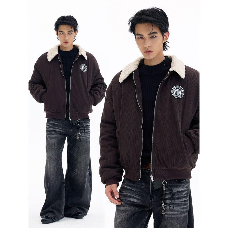 Kisko Winter American-Style Corduroy Warm Fur Collar Brown Cotton Jacket for Men and Women, High-End Loose Padded Coat Trendy