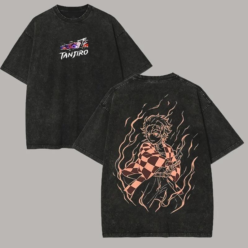 Manga Demon Slayer Tanjirou Graphic T-shirt Vintage Washed Oversized T Shirt Men Women Clothing Summer Cotton Short Sleeve Tees Female Male Clothing 