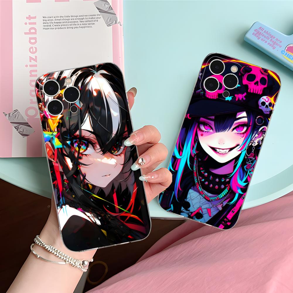 Anime Punk Girl Phone Case for iPhone 16 15 14 13 12 11 X XR XS 8 6 Pro Max Plus Mini Clear Colour Protective Cover Cellphones