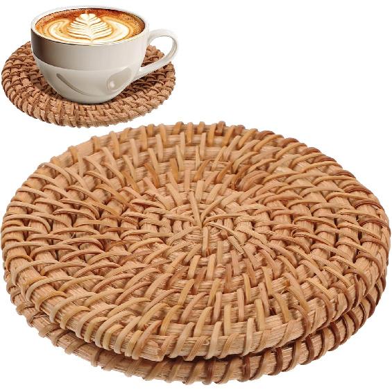 2 Pcs Rattan Coasters,Natural Woven Coasters,3.93In Round Wicker Coaster,Boho Heat-Resistant Drink Coaster for Coffee Table Housewarming Gifts Hot