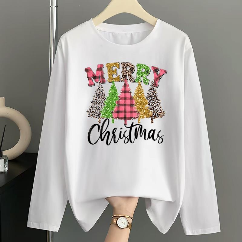 (Asian Size) sweet merry style Print T Shirt Christmas holiday Graphic Tee Women autumn winter Casual Fashion Top Clothing Long Sleeve T-shirts
