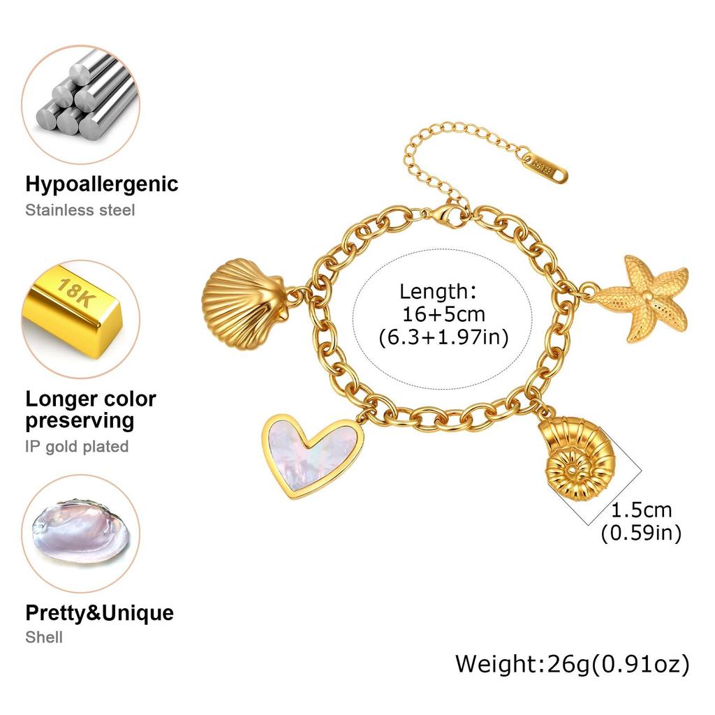 Shell Starfish Conch Charms Bracelet for Women,18k Gold Plated Stainless Steel Summer Beach Waterproof Jewelry