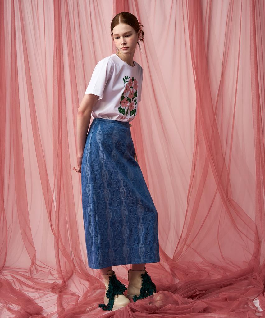 Pelimela Denim Jacquard H-Line Midi Skirt (Blue)