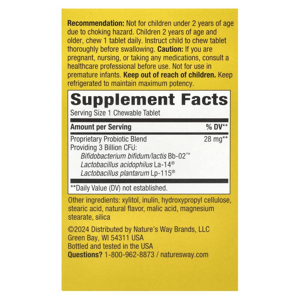 Nature's Way Kids' 2+ Years Cherry Flavor Probiotic Chewable Tablets, 3 Billion CFU, 30 Count (2-Pack)