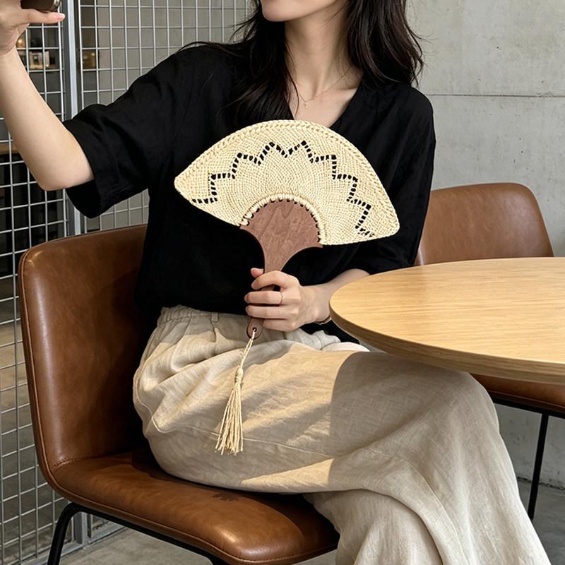 Tai Life Women's Handmade Wabi-sabi Cattail Fan: Artistic Summer Rattan Craft, Chinese Style Intangible Heritage Round Fan