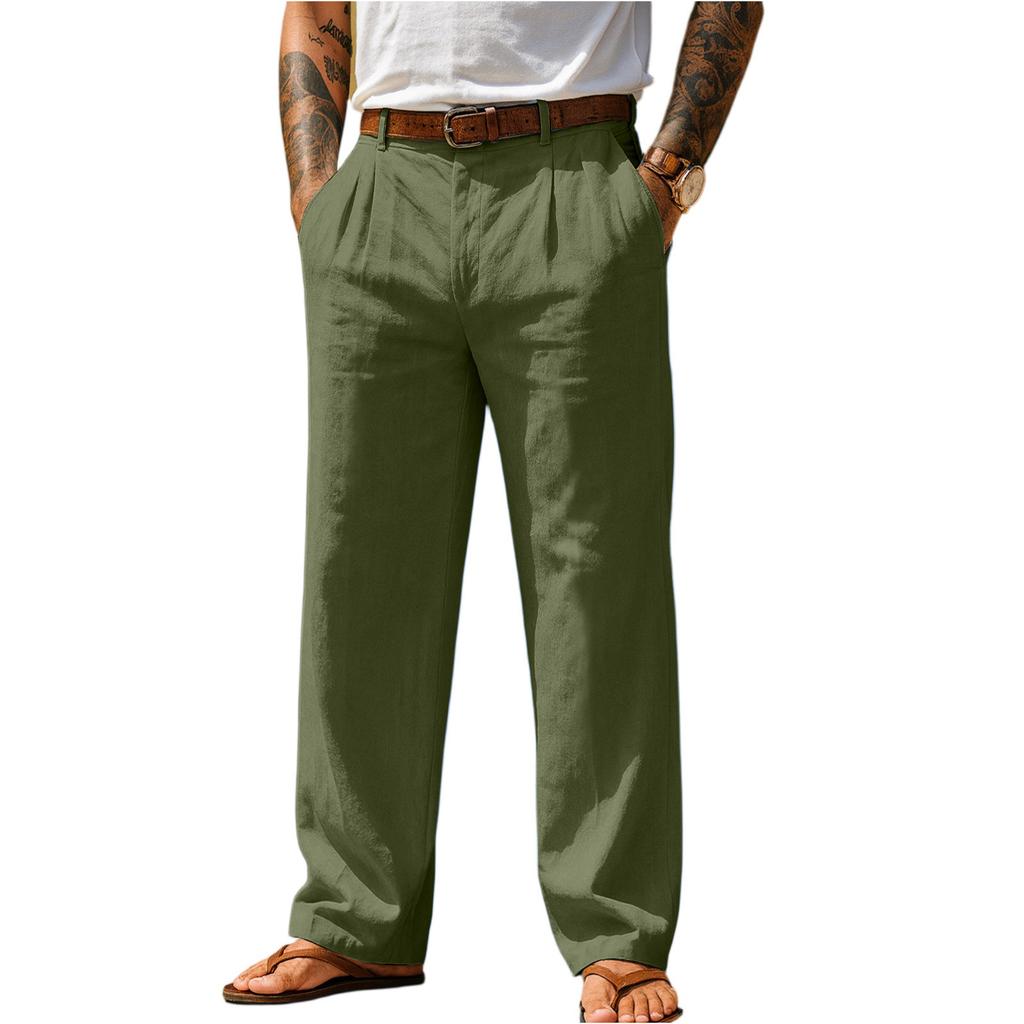 Mens Classic Fit Linen Trousers Relaxed Straight Leg Lightweight Breathable Pleated Front Pant for Everyday Wear