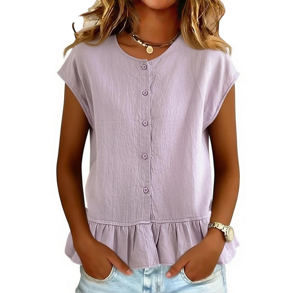 Women Short Sleeve Ruffle Hem Peplum Tops Crewneck Button Down Shirts Casual Fashion Blouse