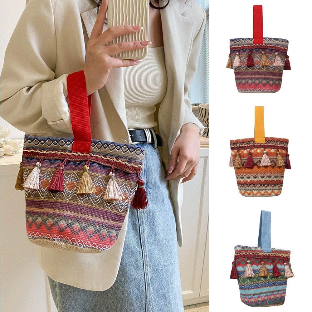 

Полосатая сумочка с вышивкой, решетка в форме ведра, многоразовая сумка-тоут в этническом стиле, уличная сумка