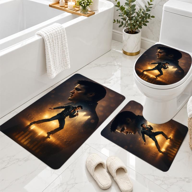3Pcs Flannel Toilet Mat Set Elvis Presley Bathroom Rug Non Slip Bath Carpet Home Decor