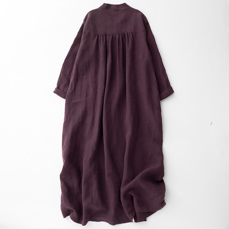 2025 Wiosna/Jesień Damska Bawełniana Lniana Sukienka z Dekoltem w Serek w Kolorze Klawretowym z Otwartym Przodem Dwuwarstwowa z Długim Rękawem Wyszczuplająca