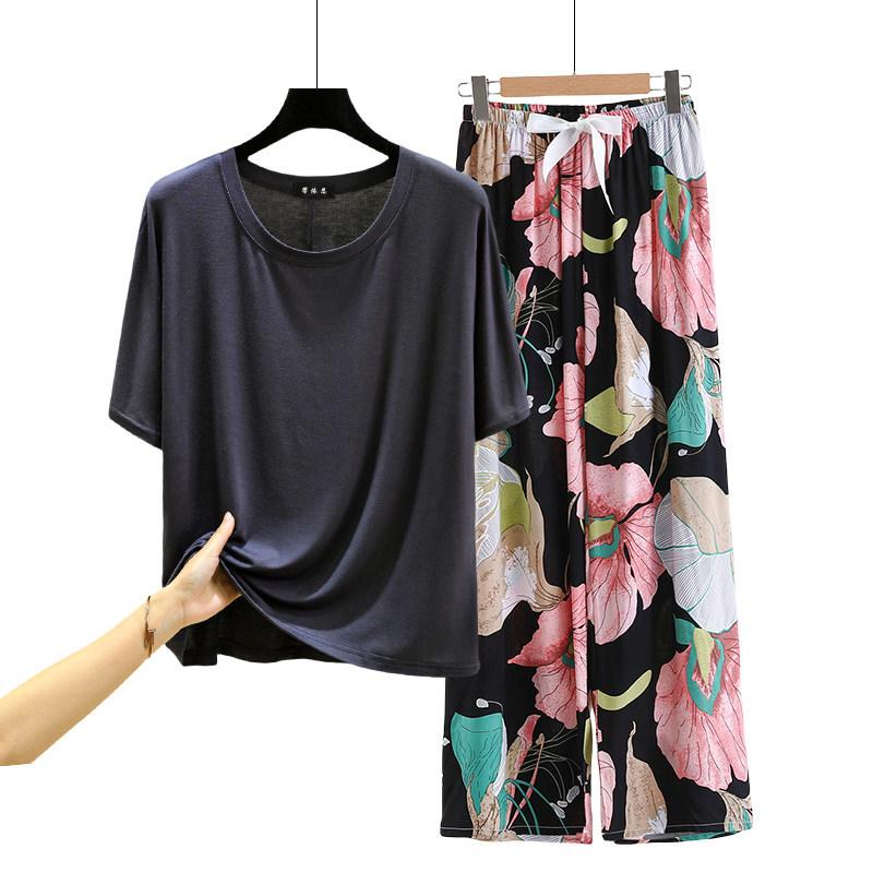 T-shirt girocollo in modal con pantaloni a gamba larga floreali in popeline Set pigiama estivo sottile Tuta casual larga per dormire Loungewear comodo tutto da abbinare