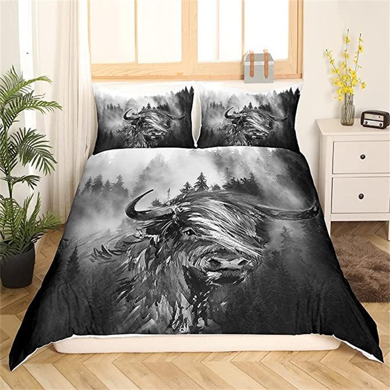 Highland Cow Duvet Cover Western Farm Animal Bedding Set Full King For Boys Girls Microfiber Floral Bull Cattle Comforter Cover