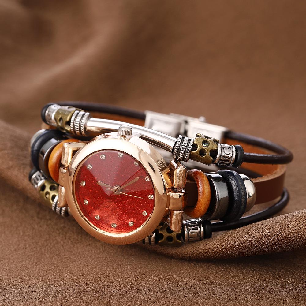 Retro Multi-Style Cowhide Quartz Bracelet Watch - Handmade Multi-Layer Stainless Steel Circle Jewelry