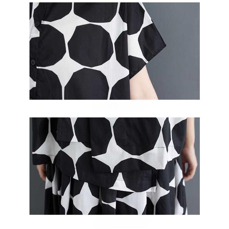 Polka Dot Print Summer Casual Two Piece Set Short Sleeve Loose Blouse Women Shirt Top Fashion Clothing Long Skirts Suit 2025