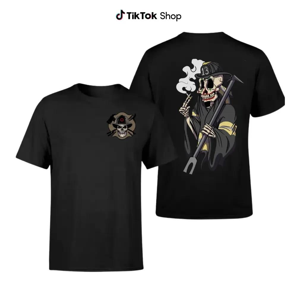 Grim Reaper Firefighter T-Shirt, Vintage Streetwear Skull Graphic Tee S