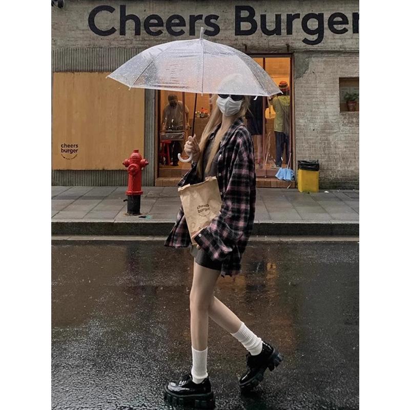 Women's Retro Black & Pink Plaid Shirt - Spring/Autumn 2024 Collection: Loose, Casual, Lazy Style, Long Sleeve Jacket Design.