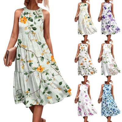 Dámske letné bez rukávov Valentínske potlačené voľné prešívané ležérne plážové šaty s výstrihom na zavesenie