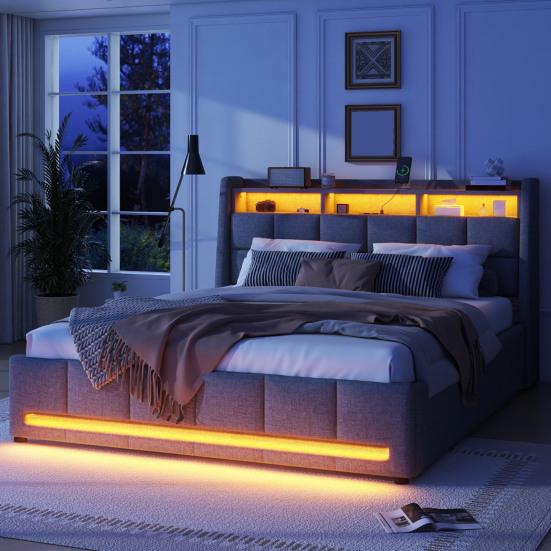 Upholstered Bed, 140 X 200cm, No Mattress, App-Controlled LED Light, Bed with Drawers Featuring Power Outlets and USB Ports, Built-In Storage