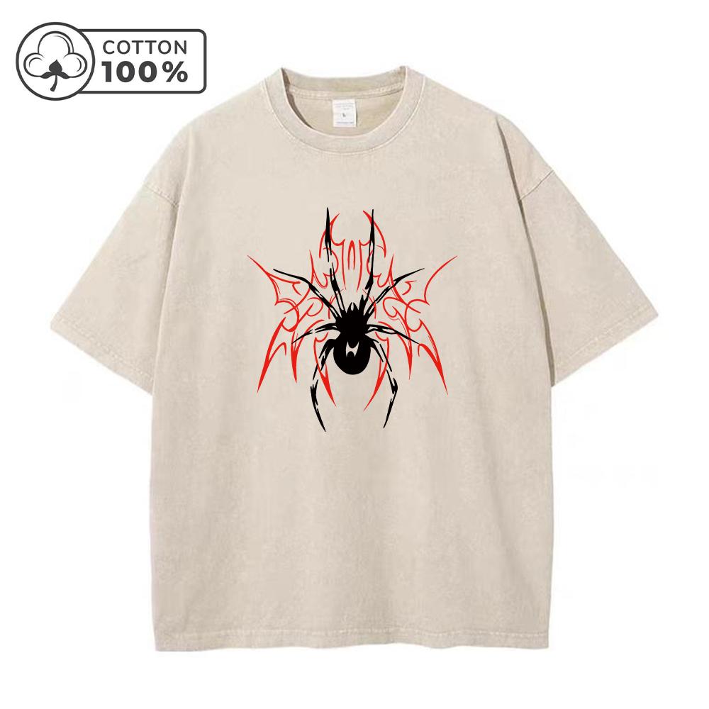 Mens Casual Washed TShirt Trendy And Stylish Pure Cotton Short Sleeve Unique Spider Print Summer Everyday Commute Top