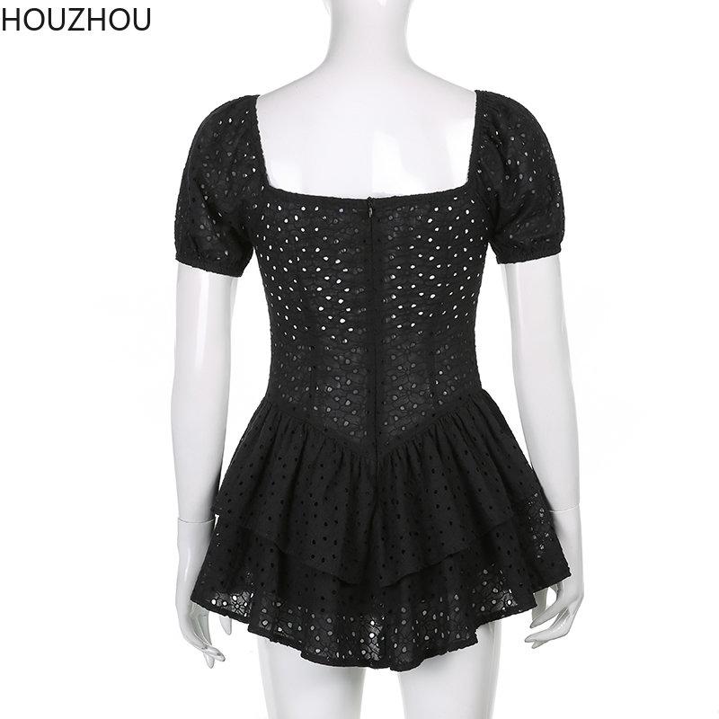 Hollow Black Dress Women V Neck Ruffles Pleated Dress Puff Sleeve Chic Black Summer Party Dress French Vintage Corset Ladies