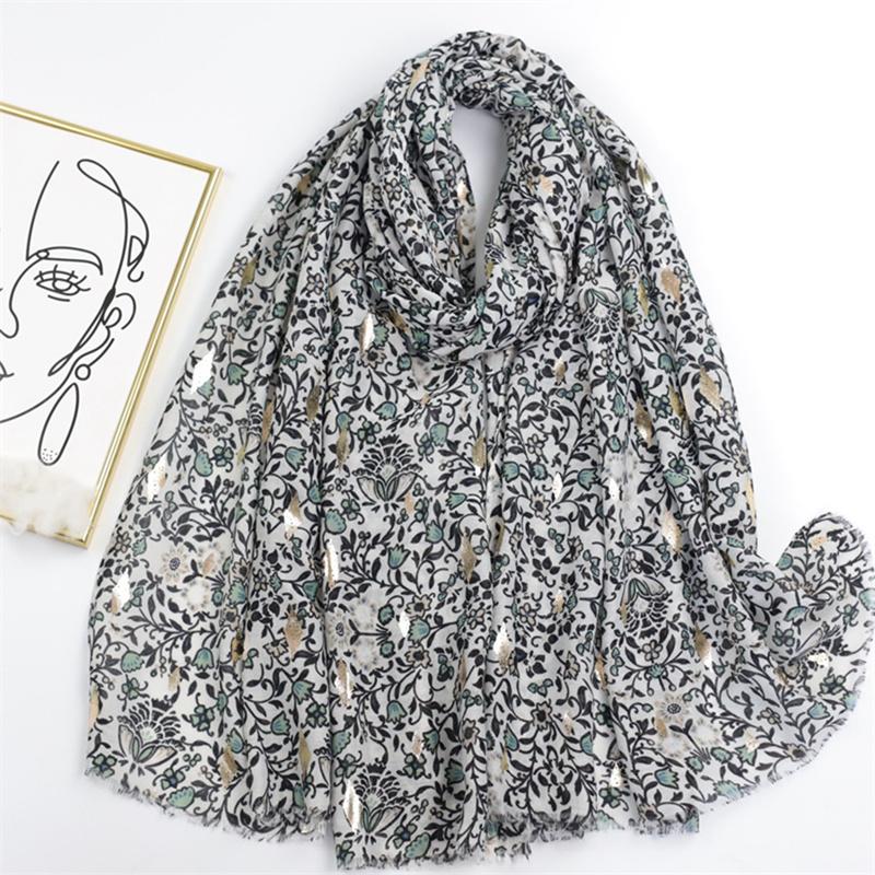 Moda  Espanha Jardim Brilho Floral Franja Viscose Lenço Cachecol Estampa Macio Pashmina Hijabs E Xales Lenços Muçulmano Lenço