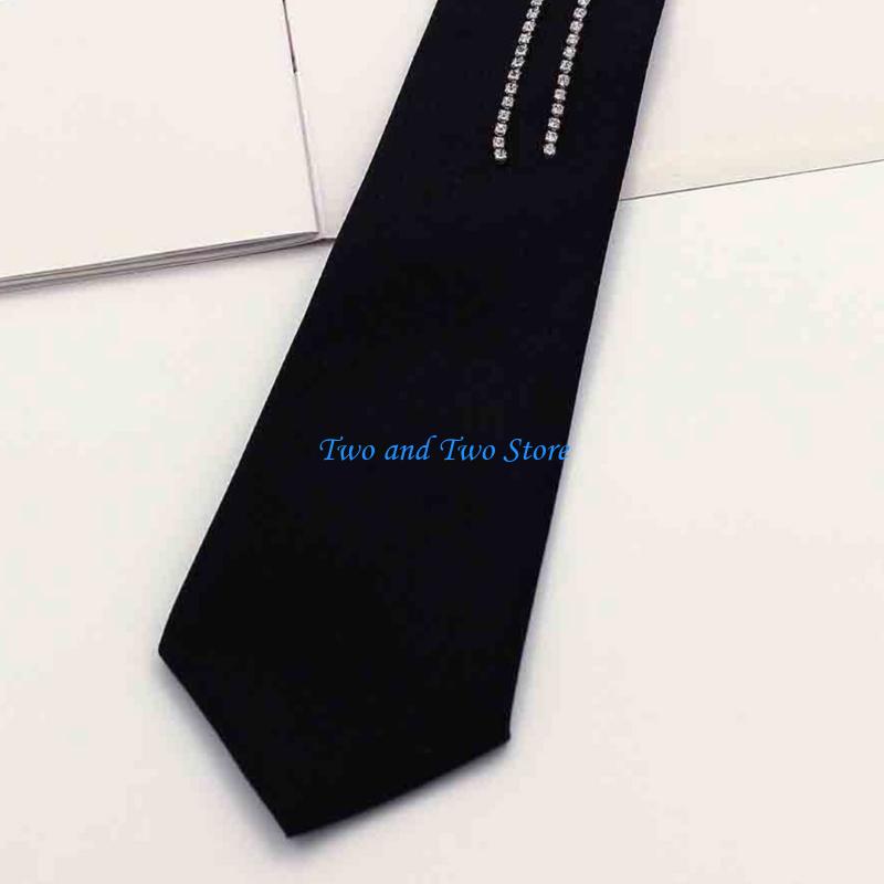 HX6F Women's School Uniform Tie Harajuku Rhinestones Vintage Pre Tied Black Necktie
