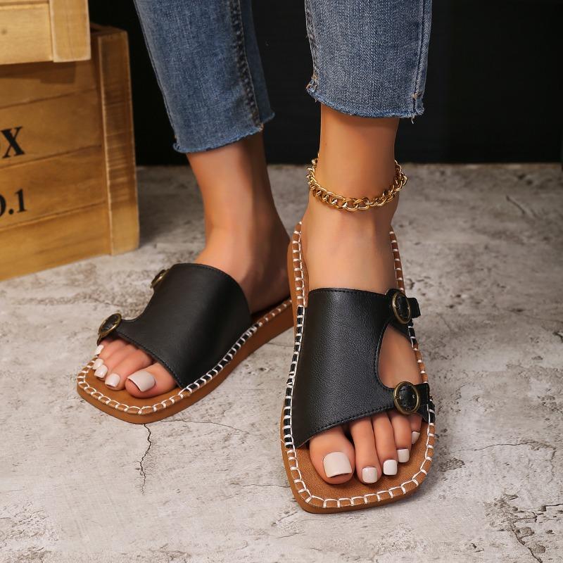 Fashion 2025 Summer New Plus Size Women’s Open Toe Slippers Round Toe Sewing Flat with Buckle Slippers for Outdoor Daily & Casual Sandal