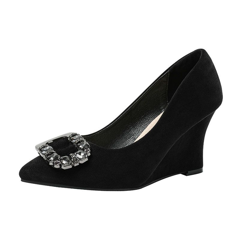 Fashion FHC 2025 New 8CM High Hlees,Women Pumps,Sexy Rhinestone Pearls Wedges Shoes,Bowtie Pointed Toe,Slip On,Size 35-43,Black,Dropship