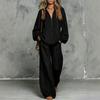 1116 Popular Women's Clothing Casual Lapel Half Zipper Lantern Sleeve Texture Cotton and Linen Two-piece Set