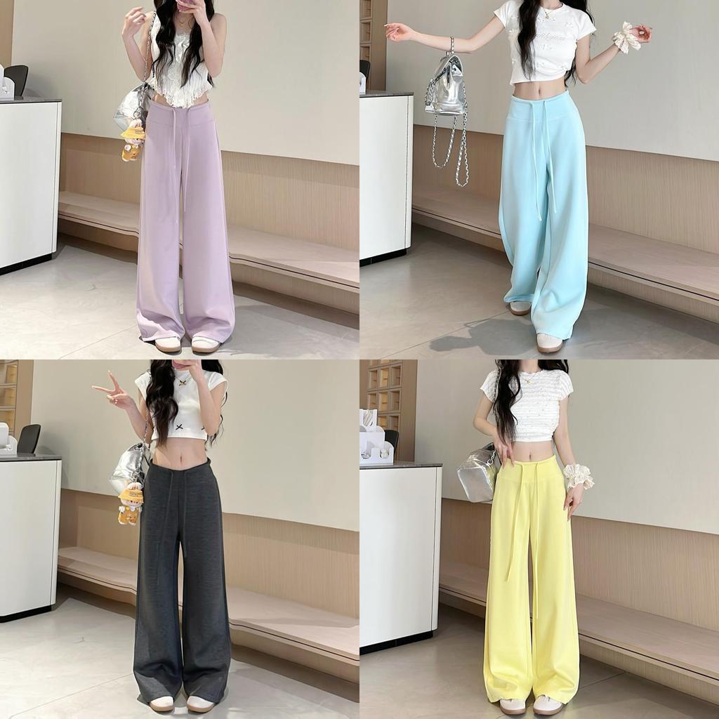 Space Cotton High Waist Drawstring Wide Leg Lounge Pants For Women With Pockets