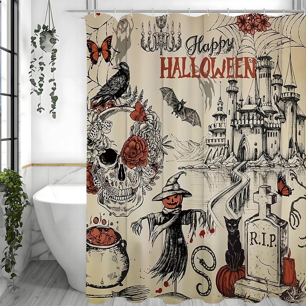 Vintage Halloween Skull Castle Grave Gothic Skull Bat Raven Black Cat Shower Curtain, Bathroom Decorative Shower Curtain, Waterp