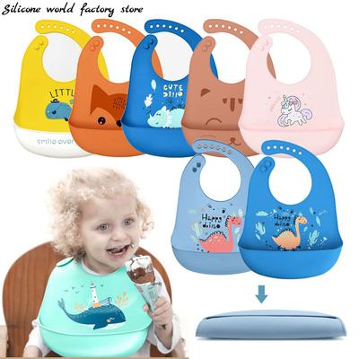 Silicone World 1 Stück Wasserdichte Lätzchen Baby Kinder Sachen Niedliche Cartoon-Aufdrucke Kinderlätzchen Verstellbar Weiches Silikonlätzchen Baby Fütterungszubehör