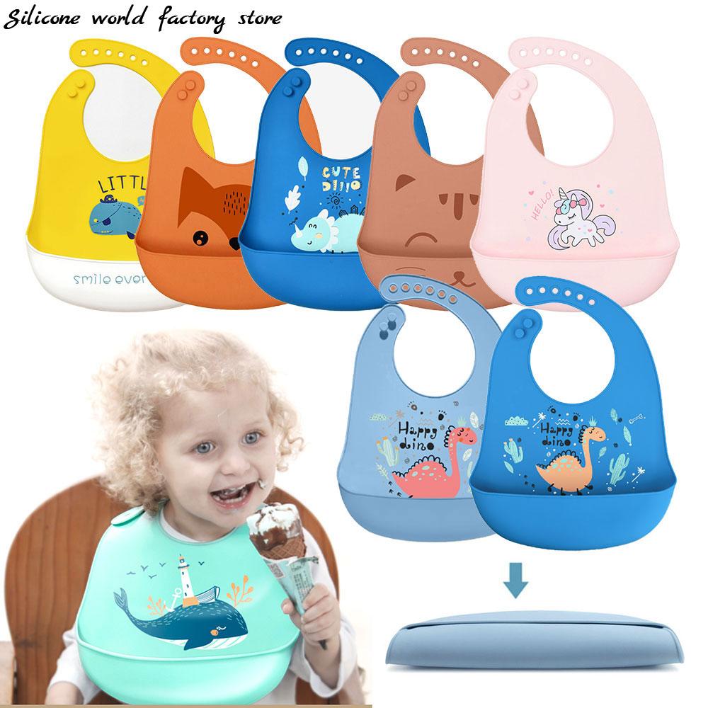 Silicone World 1PC Waterproof Bibs Baby Kids Stuff Cute Cartoon Printed Kids Bib Adjustable Soft Silicone Bib Baby Feeding Stuff
