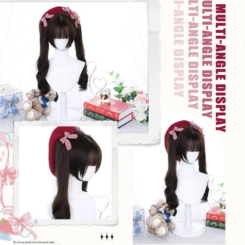 WTB Curly Hair Double Ponytail Synthetic Wig Female Cute Daily Lolita Cartoon Straight Bangs Double Ponytail Long Curly Hair