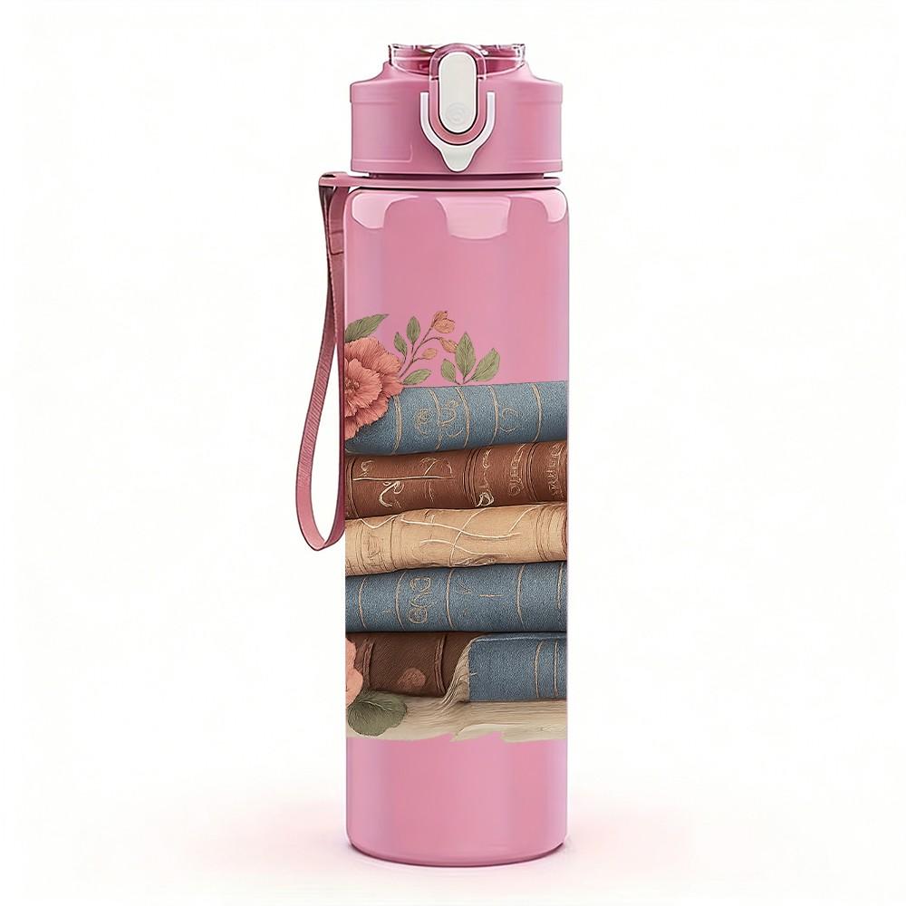 1PC Vintage Stacked Rose Books 750ml Color Plastic Sports Water Bottle Leakproof Flip Straw Lid Suitable for Sports Office Home Use
