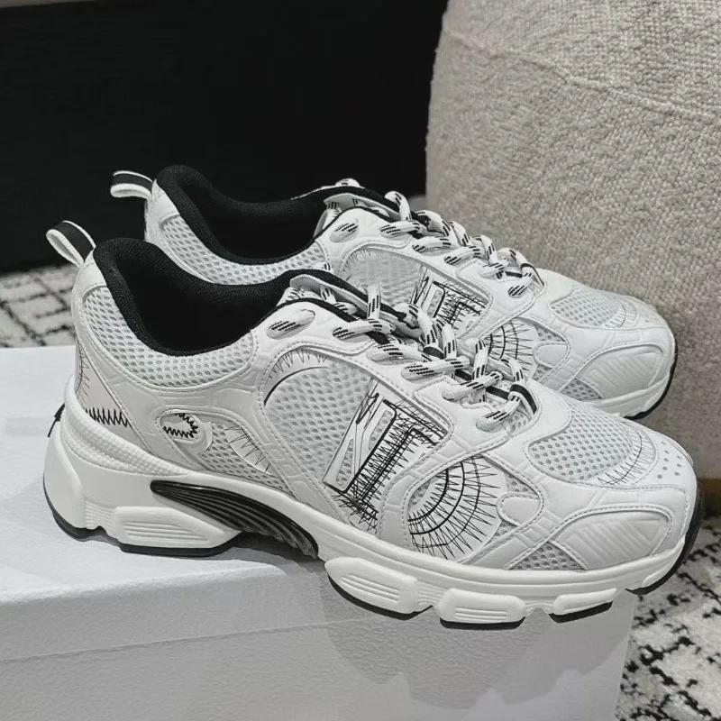 D's Mesh Contrast Running Shoes: Stylish Couple's Dad Shoes with Thick Sole, Lace-up Design for Men and Women