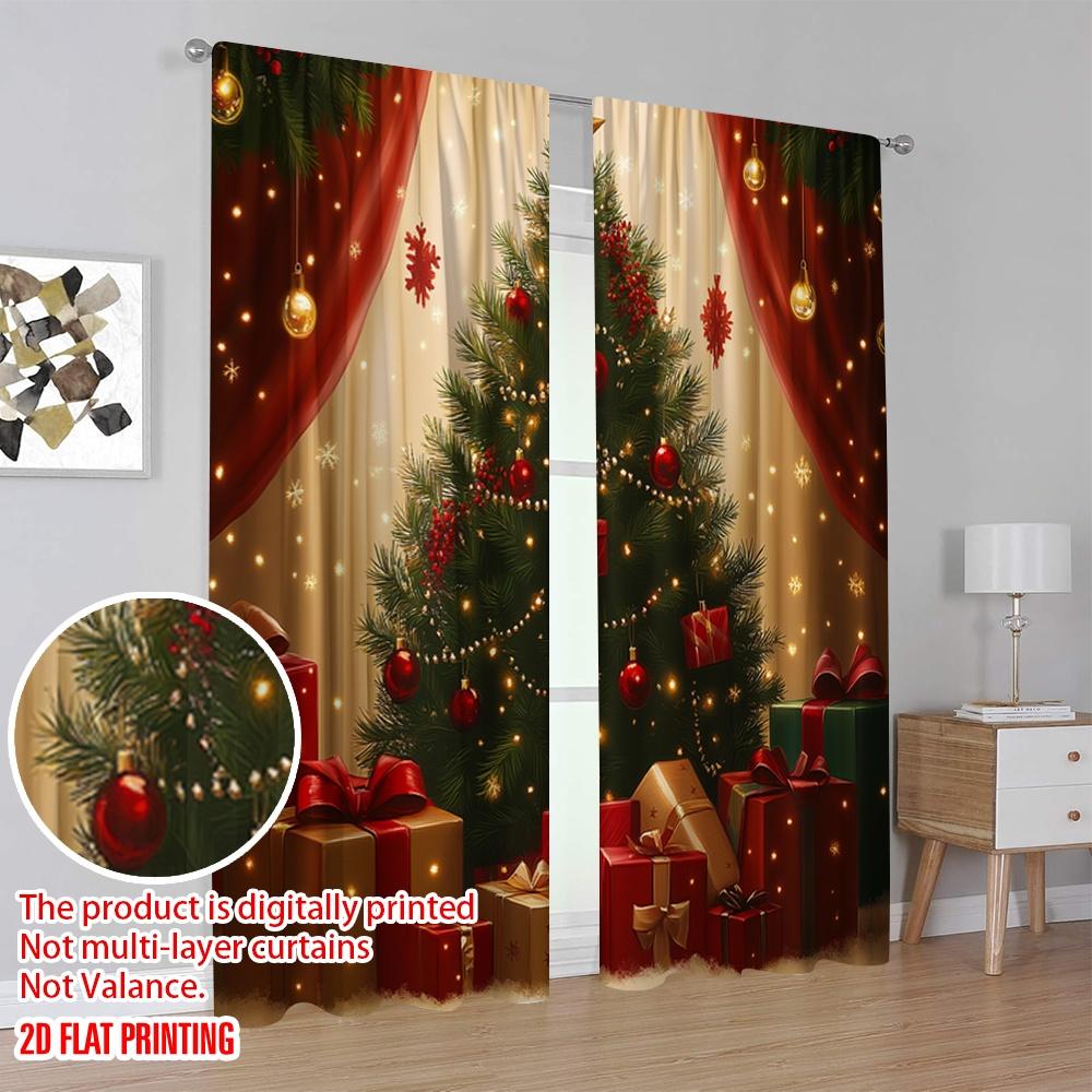 2pcs,2D Plane Printing Print Curtains Christmas Tree Gifts Ornaments_a (3) Polyester (without Rod) Decorations Inside Use for
