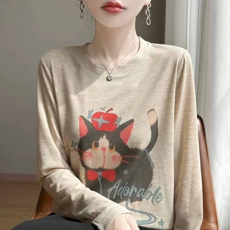 

Women Autumn Cat Print Long Sleeve Knit Top M бежевый