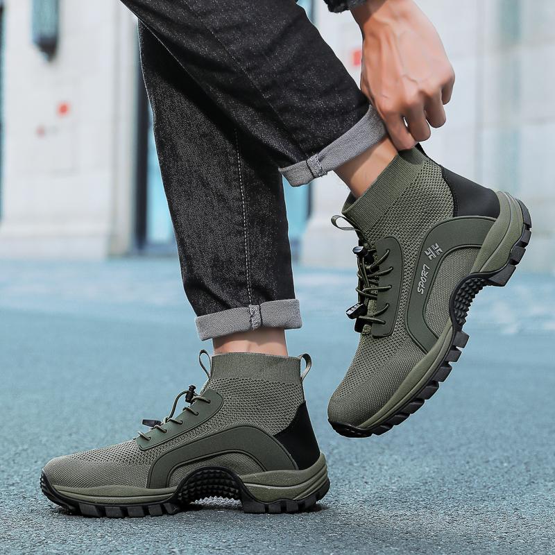 High-top Hiking Shoes Knitted Mesh Outdoor Sneakers Climbing Sports Shoes Breathable Anti-slip Trainers for Fishing Trekking Walking