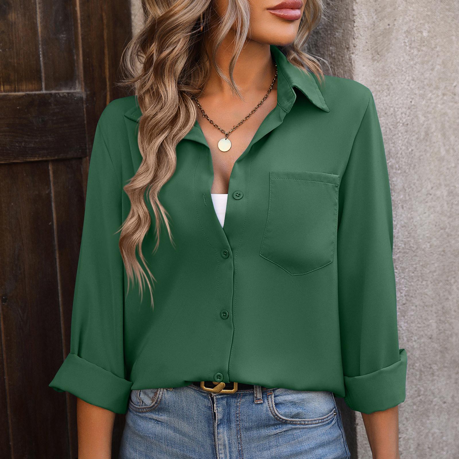 

Женская модная свободная повседневная однотонная рубашка с длинными рукавами и топом L зелёный