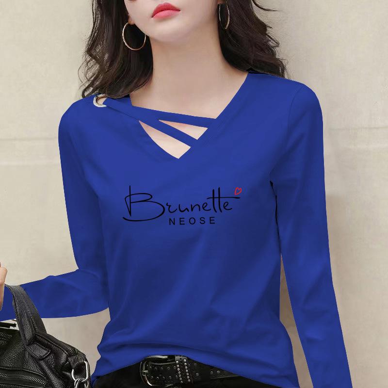 

Женский топ из чистого хлопка с длинным рукавом - Весна/Осень 2025, Универсальный свободный крой, Приталенный, больших размеров, Модная футболка в корейском стиле L