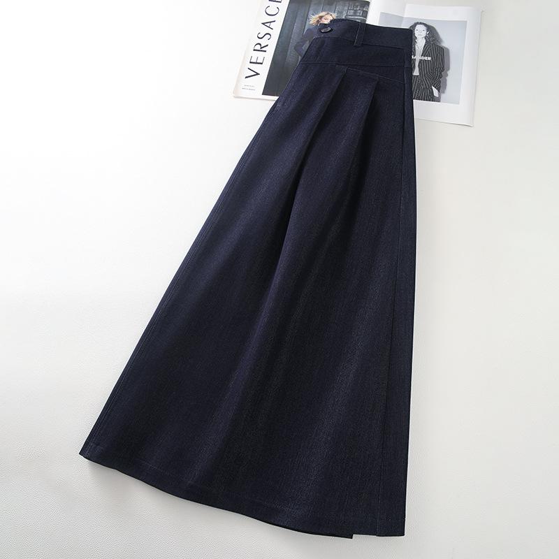 Women's High-Waist Dark Blue Denim Pleated Midi Skirt, 2025 New A-Line Slimming Design
