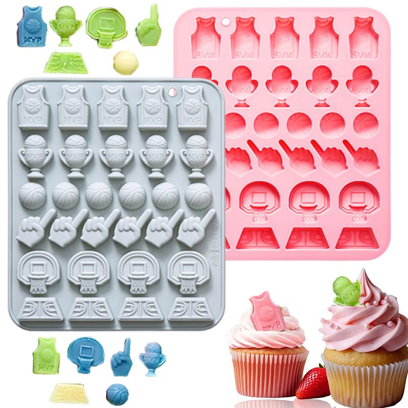 Silikonová forma na čokoládu s motivem basketbalu, sportovní silikonová forma, 30 dutin, dres, trofej, silikonová forma na fondán, cukroví, pečení