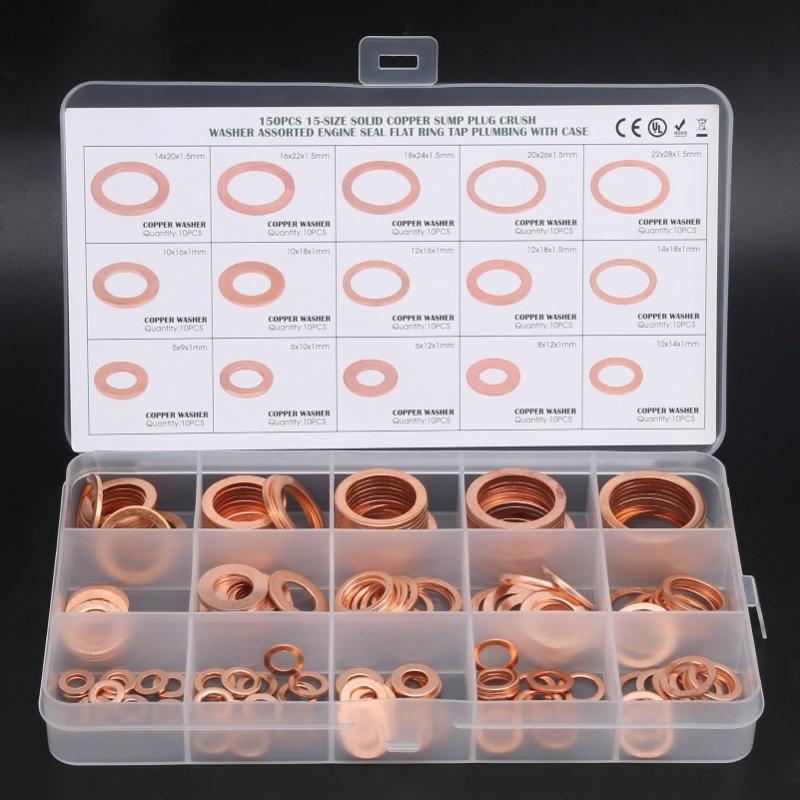 150pcs Flat Sealing Ring Red Copper Gasket O Ring Gasket Sealing Ring Washer M5/M6/M8/M10/M12/M14