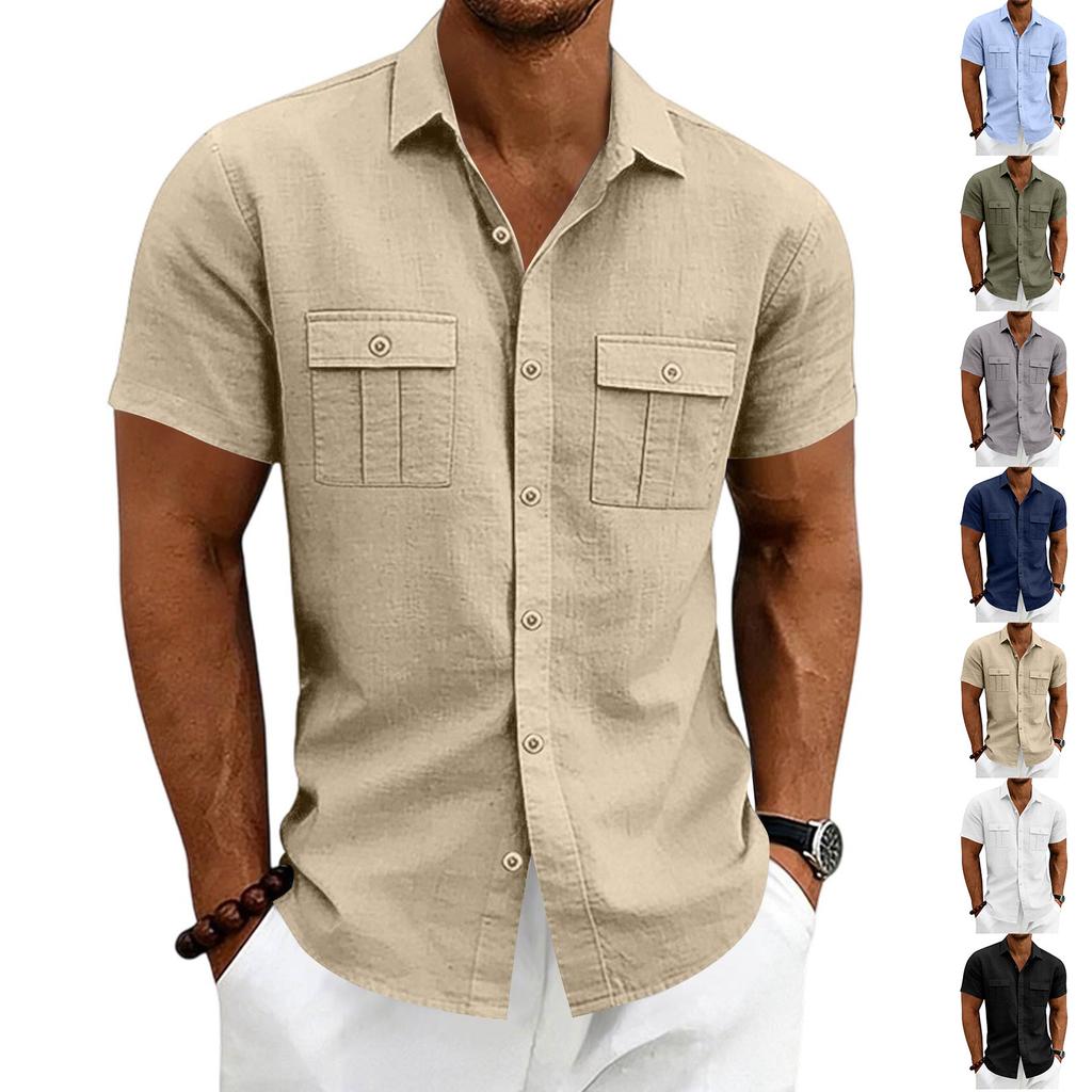 Men's Short Sleeve Work Shirt with Two Pockets Cotton Linen for Casual Everyday Wear