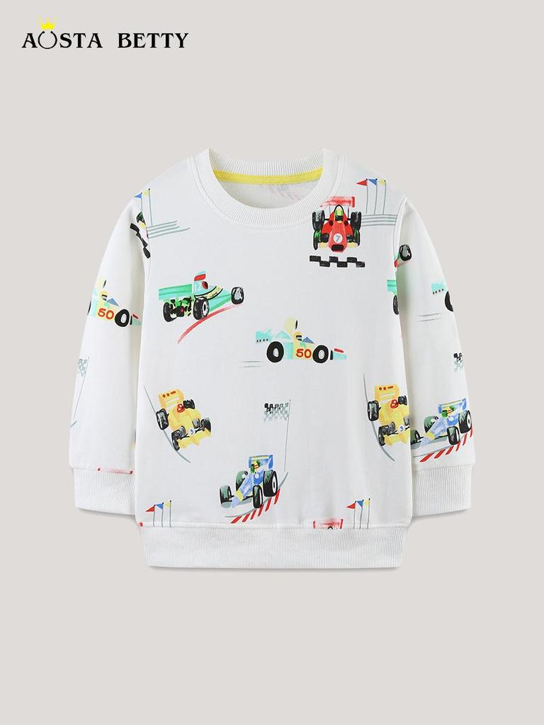 European and American Style Boys' Car Print Hoodie - Long Sleeve Cotton Pullover Sportswear