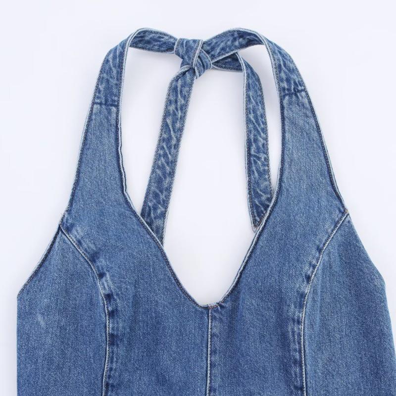 Abito Estivo Midi in Denim con Scollo a V e Nodo, Senza Maniche, per Donna